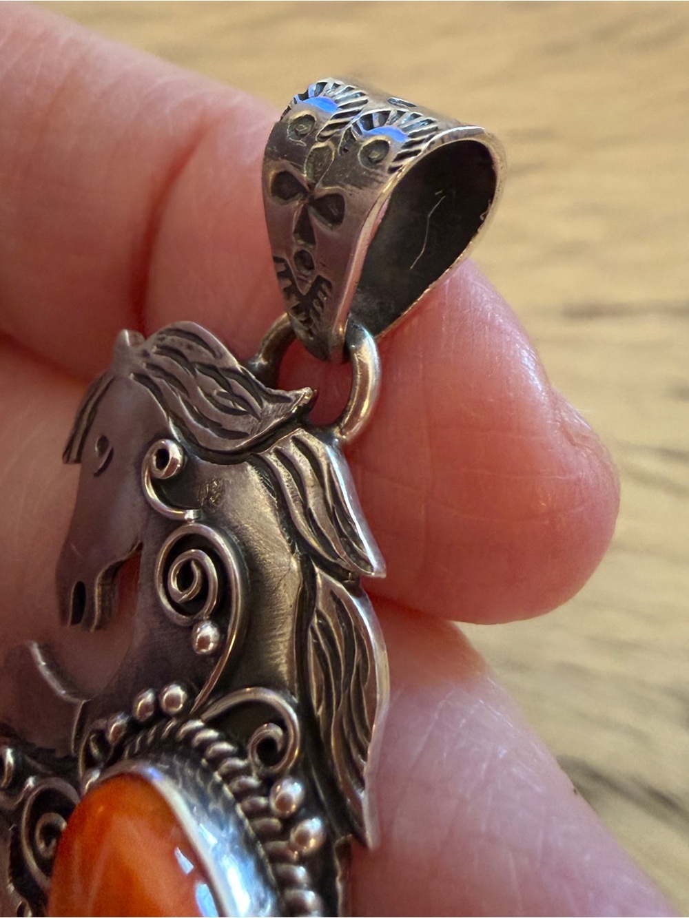 ❤️ Orange Spiny Oyster 925 Hand Stamped Statement Rearing Horse Pendant 2.46”L - Picture 7 of 16